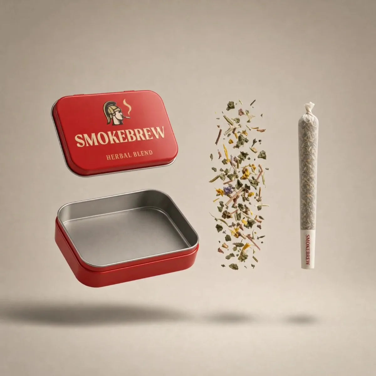 SmokeBrew tin opened, showing the rolled herbal stick and the loose blend separated out from the tin.
